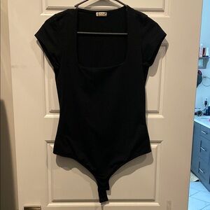 Black Fitted Bodysuit with Cap Sleeves and Tie Front